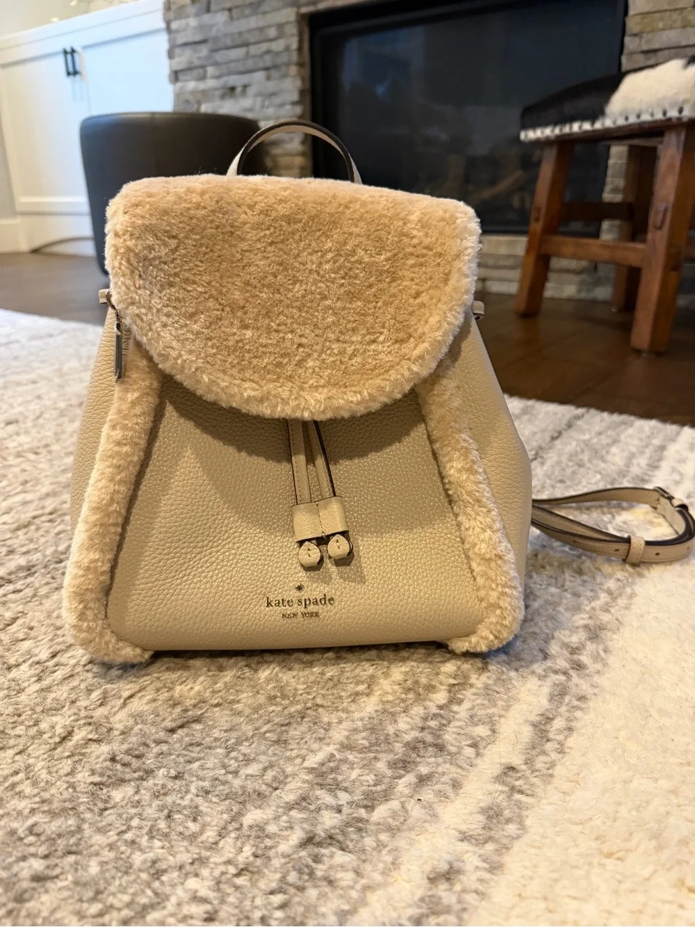 kate spade Cream Shearling-Trim Leather Backpack and Card Wallet